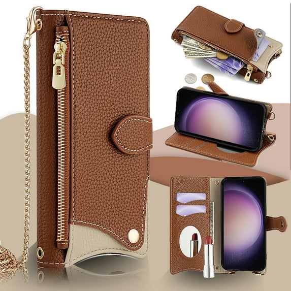 Allytechgroup Wallet Case for iPhone 14 Plus with Makeup Mirror, Detachable Metal Shoulder Strap Cards Slots Zipper Pocket Shockproof Protective Phone Case for iPhone 14 Plus, Brown