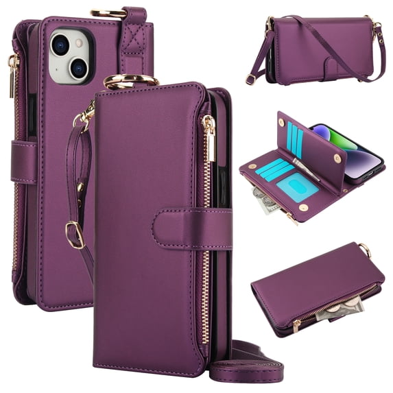 Allytechgroup Wallet Case for iPhone 14 Plus, RFID Blocking Multiple Cards Holder Zipper Pocket Hand Strap Shockproof Stand Phone Case with Crossbody Lanyard for Women Girls, Deeppurple