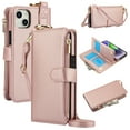 thumbnail image 1 of Allytechgroup Wallet Case for iPhone 14 Plus, RFID Blocking Multiple Cards Holder Zipper Pocket Hand Strap Shockproof Stand Phone Case with Crossbody Lanyard for Women Girls, Rosegold, 1 of 7