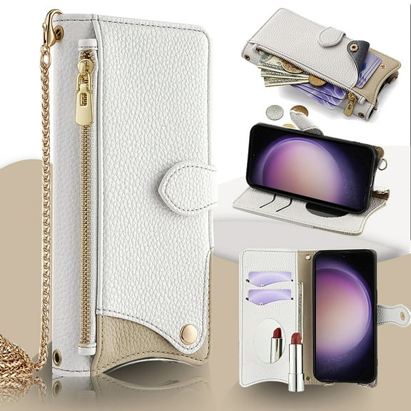 Allytechgroup Wallet Case for iPhone 14 Pro Max with Makeup Mirror, Detachable Metal Shoulder Strap Cards Slots Zipper Pocket Shockproof Protective Phone Case for iPhone 14 Pro Max, White