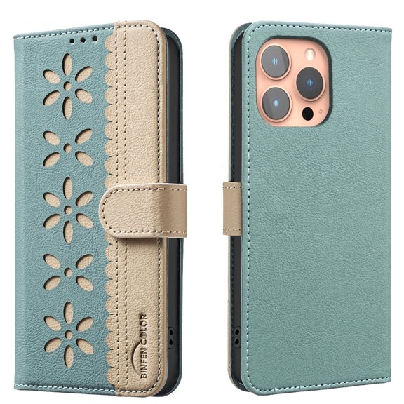 Allytechgroup Credit Card Slot, Shockproof Floral Cutout Leather Wallet Back Cover Cell Phone Case with Case for Apple iPhone 14 Pro, Green