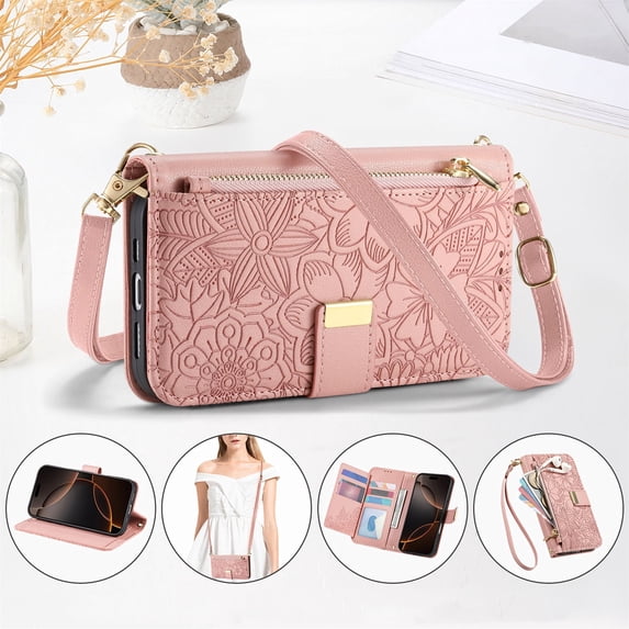 Allytechgroup Wallet Case for iPhone 14/ iPhone 13, Stylish Floral Zipper Pocket Multiple Cards Slots Hand Strap Crossbody Lanyard Flip Cover Stand Phone Case for Apple iPhone 14/ iPhone 13,Rosegold