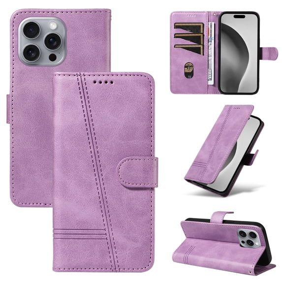 Allytechgroup Wallet Case for iPhone 15, Built-in Credit Card Slot & Lanyard RFID Blocking PU Leather Flip Case Shockproof Full Body Protective Cover for iPhone 15, Purple