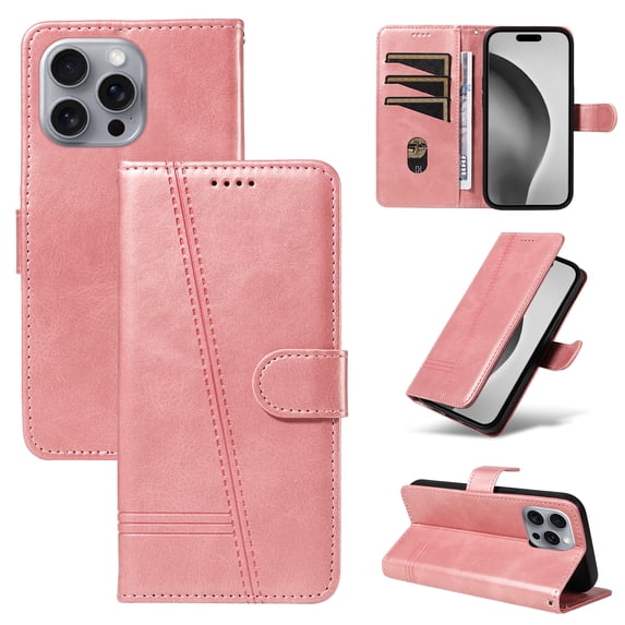Allytechgroup Wallet Case for iPhone 15, Built-in Credit Card Slot & Lanyard RFID Blocking PU Leather Flip Case Shockproof Full Body Protective Cover for iPhone 15, Rosegold