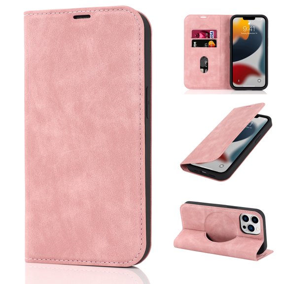Allytechgroup Wallet Case for iPhone 15 Compatible with MagSafe, Support Wireless Charger Vegan PU Leather Flip Magnetic Stand Case with Card Holders [RFID Blocking], Pink