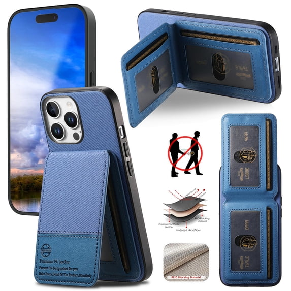 Allytechgroup Wallet Case for iPhone 15 with Credit Card Slot, RFID Blocking PU Leather Slim Stand Shell Magnetic Closure Shockproof Protective Back Cover Bumper for iPhone 15, Blue