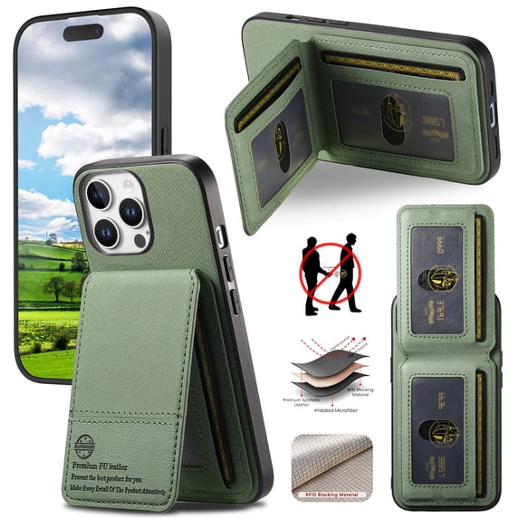Allytechgroup Wallet Case for iPhone 15 with Credit Card Slot, RFID Blocking PU Leather Slim Stand Shell Magnetic Closure Shockproof Protective Back Cover Bumper for iPhone 15, Green