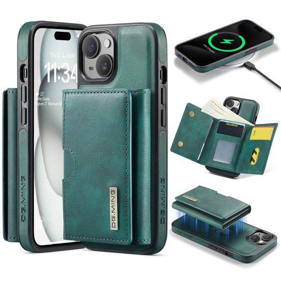 Allytechgroup Wallet Case for iPhone 15, PU Leather Wallet Case with Detachable Cards Holder Kickstand Support Wireless Charging Shockproof Protective Bumper for Women Men, Green