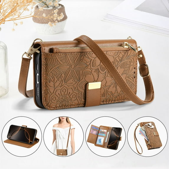 Allytechgroup Wallet Case for iPhone 15 Plus/14 Plus, Stylish Floral Zipper Pocket Multiple Cards Slots Hand Strap Crossbody Lanyard Flip Cover Stand Phone Case for iPhone 15 Plus/14 Plus,Brown