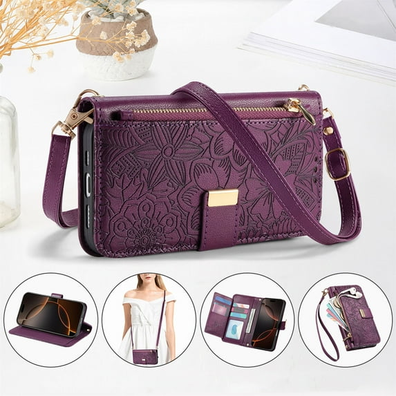Allytechgroup Wallet Case for iPhone 15 Plus/14 Plus, Stylish Floral Zipper Pocket Multiple Cards Slots Hand Strap Crossbody Lanyard Flip Cover Stand Phone Case for iPhone 15 Plus/14 Plus,Purple