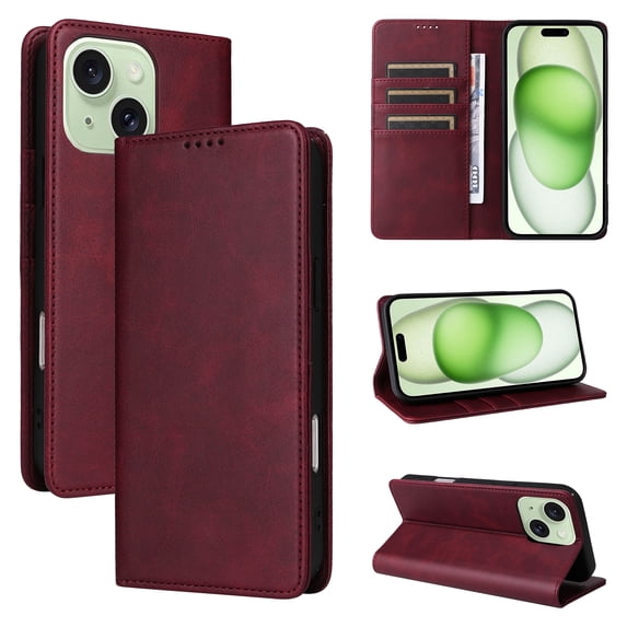 Allytechgroup Wallet Case for iPhone 15 Plus, Built-in Credit Card Slot RFID Blocking PU Leather Flip Stand Magnetic Closure Case Military Grade Drop Protection for iPhone 15 Plus, Winered