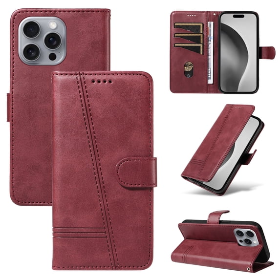Allytechgroup Wallet Case for iPhone 15 Pro, Built-in Credit Card Slot & Lanyard RFID Blocking PU Leather Flip Case Shockproof Full Body Protective Cover for iPhone 15 Pro, Winered
