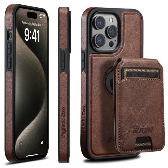 Allytechgroup Wallet Case for iPhone 15 Pro Max with Detachable Cards Holder, RFID Blocking PU Leather Case with Stand Support Wireless Charging Shockproof Magnetic Back Cover for Women Men, Brown