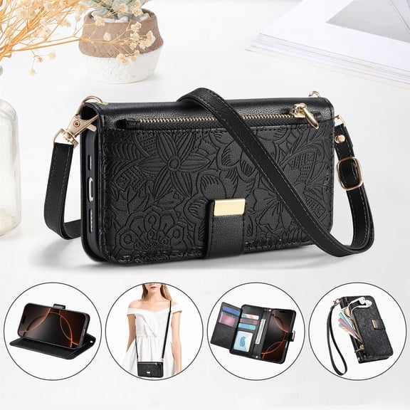 Allytechgroup Wallet Case for iPhone 15, Stylish Floral Zipper Pocket Multiple Cards Slots Hand Strap Crossbody Lanyard Flip Cover Stand Phone Case for Apple iPhone 15,Black