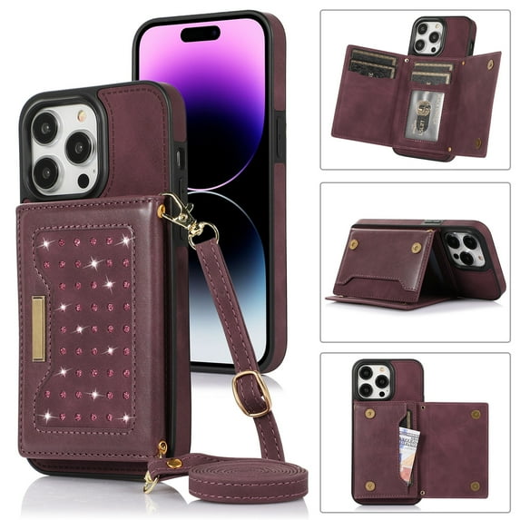 Allytechgroup Wallet Case for iPhone 16, Bling PU Leather RFID Blocking Kickstand Case with Shoulder Strap & Card Slots, Anti-Fall Shockproof Full Body Protection Case for Women Girls, Winered