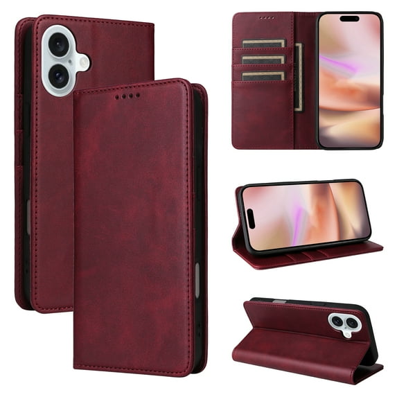 Allytechgroup Wallet Case for iPhone 16, Built-in Credit Card Slot RFID Blocking PU Leather Flip Stand Magnetic Closure Case Military Grade Drop Protection for iPhone 16, Winered