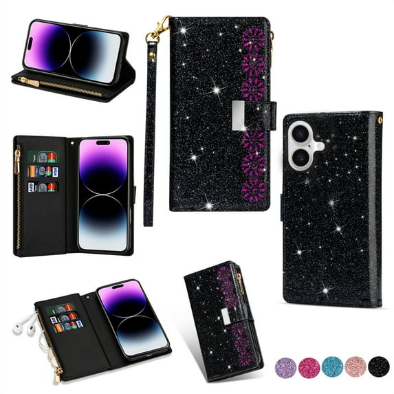 Allytechgroup Wallet Case for iPhone 16, Glitter Leather Stand Multiple Cards Holder Hand Wrist Flip Folio Cover Stand Shockproof Full Body Protective for iPhone 16, Black