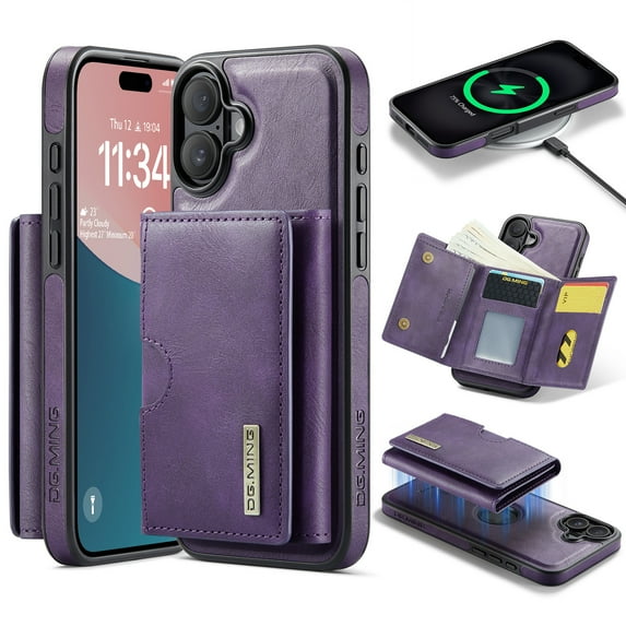 Allytechgroup Wallet Case for iPhone 16, PU Leather Wallet Case with Detachable Cards Holder Kickstand Support Wireless Charging Shockproof Protective Bumper for Women Men, Purple