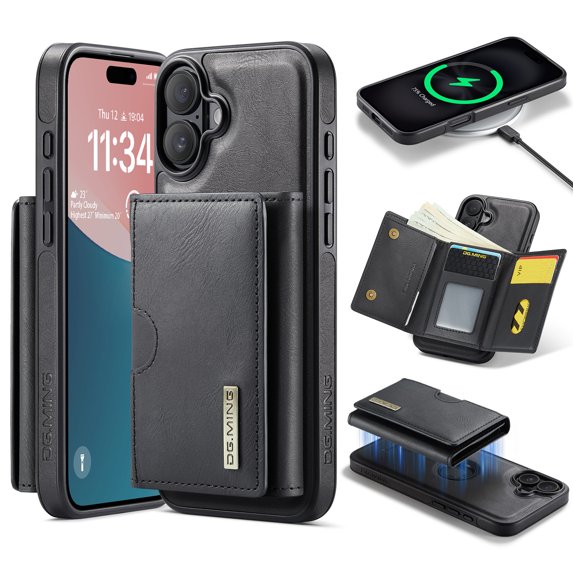 Allytechgroup Wallet Case for iPhone 16, PU Leather Wallet Case with Detachable Cards Holder Kickstand Support Wireless Charging Shockproof Protective Bumper for Women Men, Black
