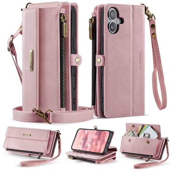 Allytechgroup Wallet Case for iPhone 16 Plus with Credit Card Slot, RFID Blocking PU Leather Flip Case with Shoulder Strap Wrist Strap Compatible with MagSafe Shockproof Full Body Cover, Pink