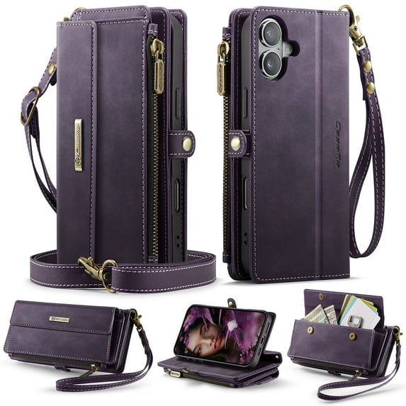 Allytechgroup Wallet Case for iPhone 16 Plus with Credit Card Slot, RFID Blocking PU Leather Flip Case with Shoulder Strap Wrist Strap Compatible with MagSafe Shockproof Full Body Cover, Purple