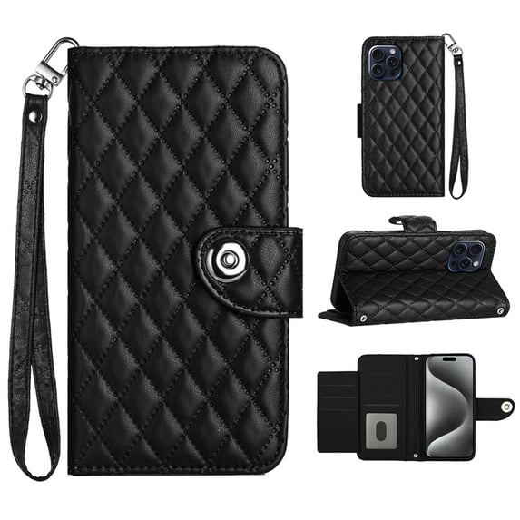 Allytechgroup Wallet Case for iPhone 16 Plus, Luxury PU Leather Shockproof Protective Flip Cover for Women Girls, Kickstand Folio Case with Card Slots Holder Wrist Strap Lanyard, Black