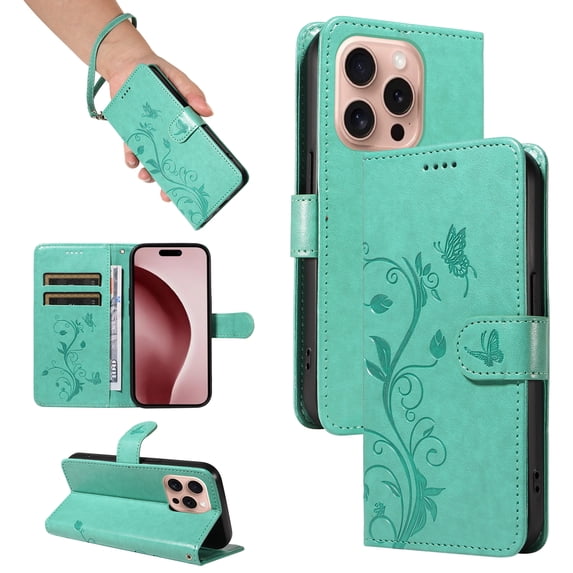Allytechgroup Wallet Case for iPhone 16 Plus with Wrist Strap, Premium PU Leather Slim Flip Cover Stand Bumper Shockproof Protective Cards Slots Anti-Scratch Phone Case for iPhone 16 Plus, Mint