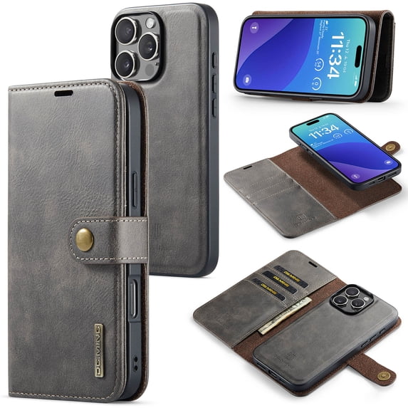 Allytechgroup Wallet Case for iPhone 16 Pro with 3 Card Slots & Cash Pocket, 2 in 1 Detachable Strong Magnetic Case, Retro PU Leather Shockproof Magnetic Clasp Slim Protective Shell, Gray