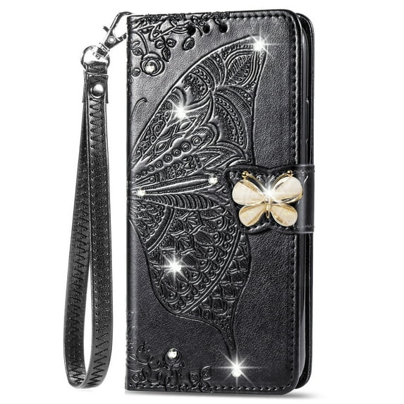 Allytechgroup Wallet Case for iPhone 16 Pro, Bling Sparkly Diamond PU Leather Phone Case with Credit Card Slot Wirst Strap Support Wireless Charging Shockproof Bumper, Black