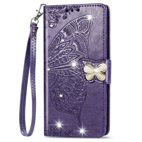 Allytechgroup Wallet Case for iPhone 16 Pro, Bling Sparkly Diamond PU Leather Phone Case with Credit Card Slot Wirst Strap Support Wireless Charging Shockproof Bumper for Women Girls, Purple