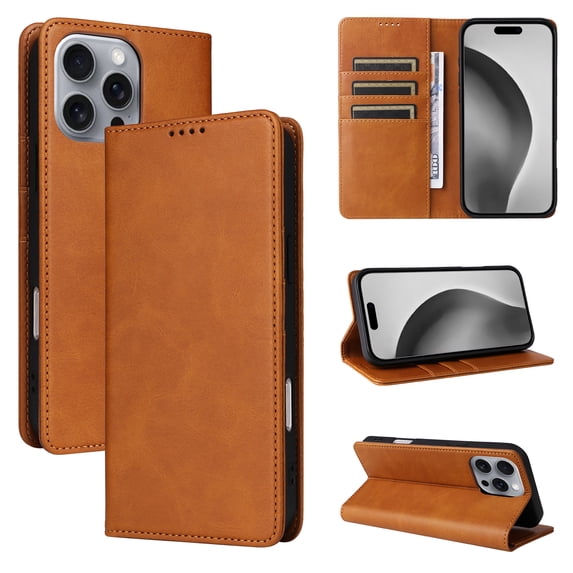 Allytechgroup Wallet Case for iPhone 16 Pro, Built-in Credit Card Slot RFID Blocking PU Leather Flip Stand Magnetic Closure Case Military Grade Drop Protection for iPhone 16 Pro, Brown