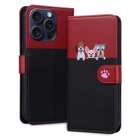 Allytechgroup Wallet Case for iPhone 16 Pro with Cute Cartoon Pattern, 3 Card Slots + 1 Cash Slot + Wrist Strap, Premium PU Leather Stand Magnetic Clasp Shockproof Protective Case, Black