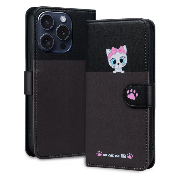 Allytechgroup Wallet Case for iPhone 16 Pro with Cute Cartoon Pattern, 3 Card Slots + 1 Cash Slot + Wrist Strap, Premium PU Leather Stand Magnetic Clasp Shockproof Protective Case, Darkgray