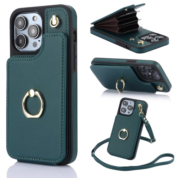 Allytechgroup Wallet Case for iPhone 16 Pro, Luxury PU Leather Ring Kickstand Cover with Card Holder & Shoulder Strap, Fashion Accordion Style Shockproof Anti-Drop Phone Case, Green