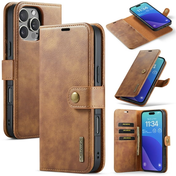 Allytechgroup Wallet Case for iPhone 16 Pro Max with 3 Card Slots & Cash Pocket, 2 in 1 Detachable Strong Magnetic Case, Retro PU Leather Shockproof Magnetic Clasp Slim Protective Shell, Brown