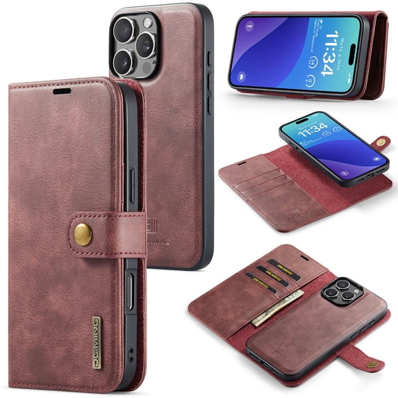 Allytechgroup Wallet Case for iPhone 16 Pro Max with 3 Card Slots & Cash Pocket, 2 in 1 Detachable Strong Magnetic Case, Retro PU Leather Shockproof Magnetic Clasp Slim Protective Shell, Red
