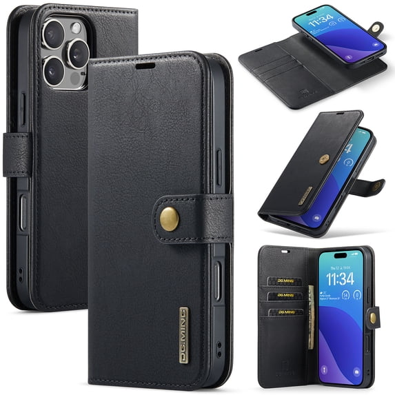 Allytechgroup Wallet Case for iPhone 16 Pro Max with 3 Card Slots & Cash Pocket, 2 in 1 Detachable Strong Magnetic Case, Retro PU Leather Shockproof Magnetic Clasp Slim Protective Shell, Black