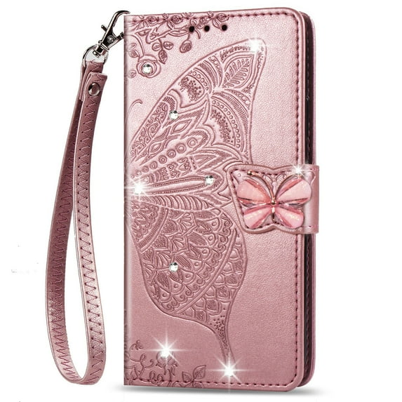 Allytechgroup Wallet Case for iPhone 16 Pro Max, Bling Sparkly Diamond PU Leather Phone Case with Credit Card Slot Wirst Strap Support Wireless Charging Shockproof Bumper, Rosegold