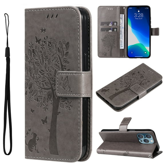 Allytechgroup Wallet Case for iPhone 16 Pro Max with Card Slots, Embossed Tree&Cat PU Leather and TPU Bumper Anti-Shock Drop Proof Hand Strap Case for iPhone 16 Pro Max, Gray