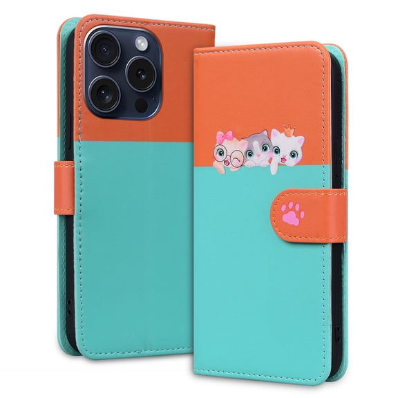Allytechgroup Wallet Case for iPhone 16 Pro Max with Cute Cartoon Pattern, 3 Card Slots + 1 Cash Slot + Wrist Strap, Premium PU Leather Stand Magnetic Clasp Shockproof Protective Case, Skyblue