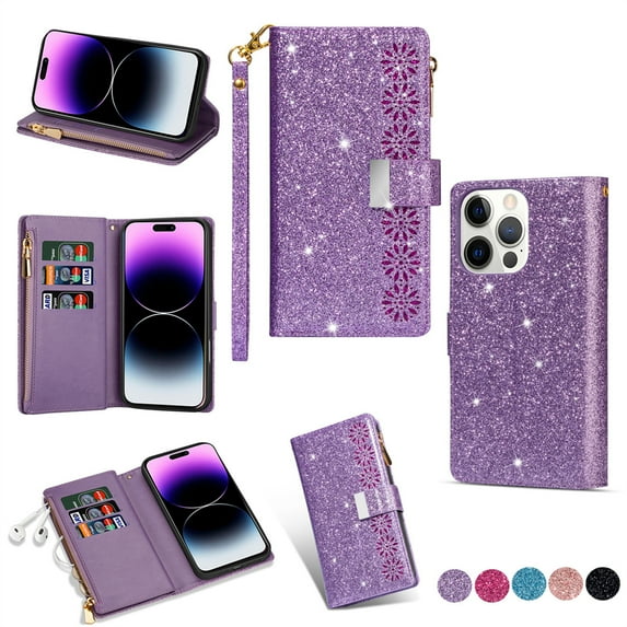Allytechgroup Wallet Case for iPhone 16 Pro Max, Glitter Leather Stand Multiple Cards Holder Hand Wrist Flip Folio Cover Stand Shockproof Full Body Protective for iPhone 16 Pro Max, Purple