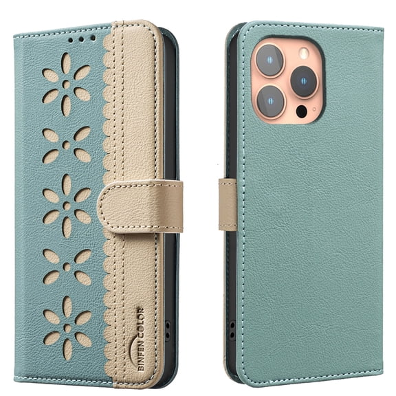 Allytechgroup Wallet Case for iPhone 16 Pro Max, PU Leather Case with Credit Card Slot Magnetic Closure Floral Cutout Shockproof Protective Back Cover for iPhone 16 Pro Max, Green