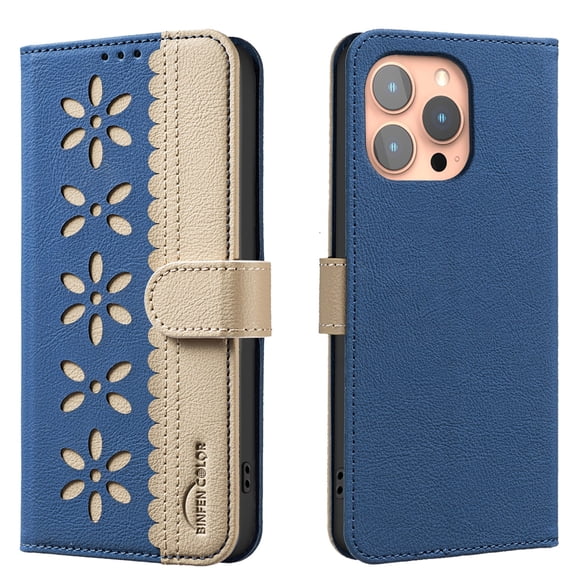 Allytechgroup Wallet Case for iPhone 16 Pro Max, PU Leather Case with Credit Card Slot Magnetic Closure Floral Cutout Shockproof Protective Back Cover for iPhone 16 Pro Max, Darkblue