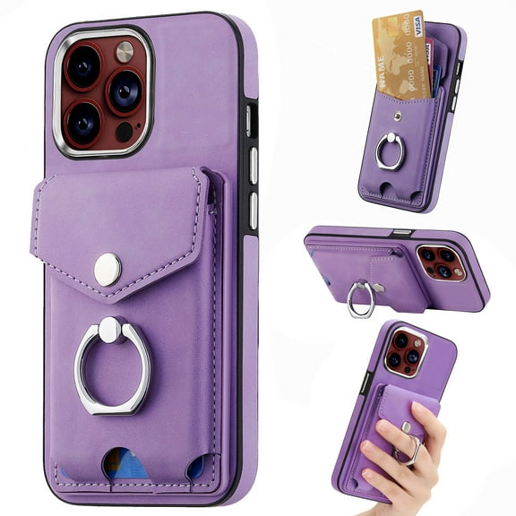 Allytechgroup Wallet Case for iPhone 16 Pro Max, Slim Lightweight PU Leather Phone Shell with Caard Holder & Ring Holder Kickstand Shockproof Protective Back Cover for iPhone 16 Pro Max, Purple