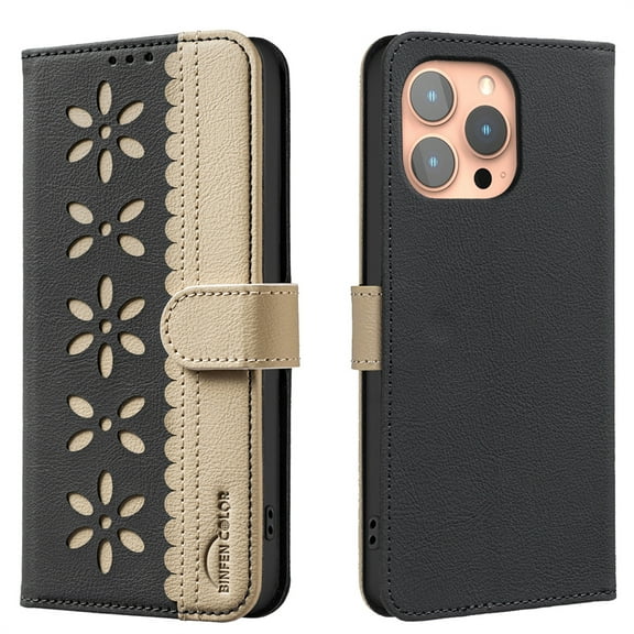 Allytechgroup Wallet Case for iPhone 16 Pro, PU Leather Case with Credit Card Slot Magnetic Closure Floral Cutout Shockproof Protective Back Cover for iPhone 16 Pro, Black