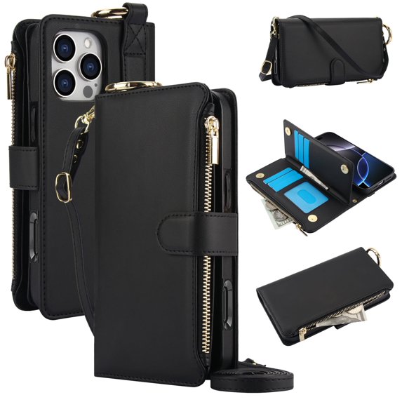 Allytechgroup Wallet Case for iPhone 16 Pro, RFID Blocking Multiple Cards Holder Zipper Pocket Hand Strap Shockproof Stand Phone Case with Crossbody Lanyard for Women Girls, Black