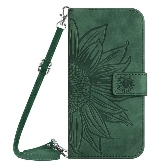 Allytechgroup Wallet Case for iPhone 16 with Shoulder Strap, Sunflower Embossed Flip Cover for Girls Women Shockproof Stand Cards Slots Anti-Scratch Phone Case for iPhone 16, Green