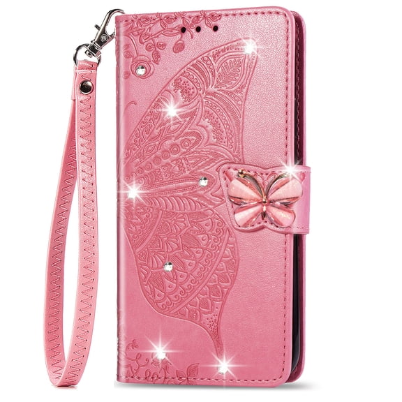 Allytechgroup Wallet Case for iPhone 16e/ iPhone 17e, Bling Sparkly Diamond PU Leather Phone Case with Credit Card Slot Wirst Strap Support Wireless Charging Shockproof Bumper, Pink