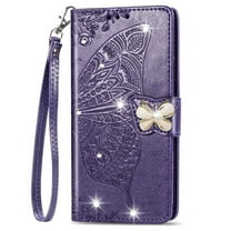 Allytechgroup Wallet Case for iPhone 16e, Bling Sparkly Diamond PU Leather Phone Case with Credit Card Slot Wirst Strap Support Wireless Charging Shockproof Bumper for Women Girls, Purple