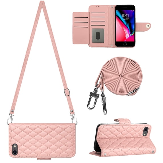 Allytechgroup Wallet Case for iPhone 16e with Card Cash Slots, Luxury Premium PU Leather Kickstand Shoulder Strap Lanyard Shockproof Anti-Fall Full Body Protective Flip Shell, Coralpink